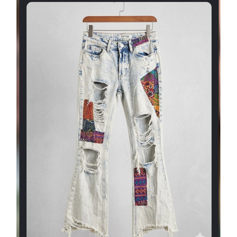 Almost Famous Vintage Acid Wash Patchwork Distressed Flare Jeans Light Blue